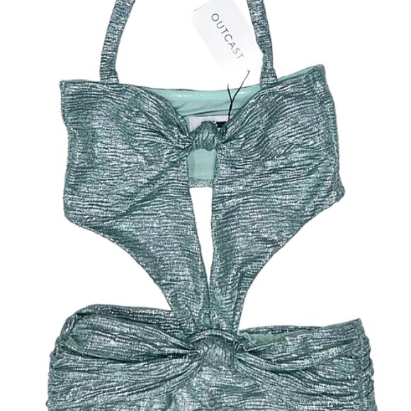 NWT Outcast Winslet Mini Dress Metallic Sage Halter Bodycon Sexy Glam M - Picture 5 of 14